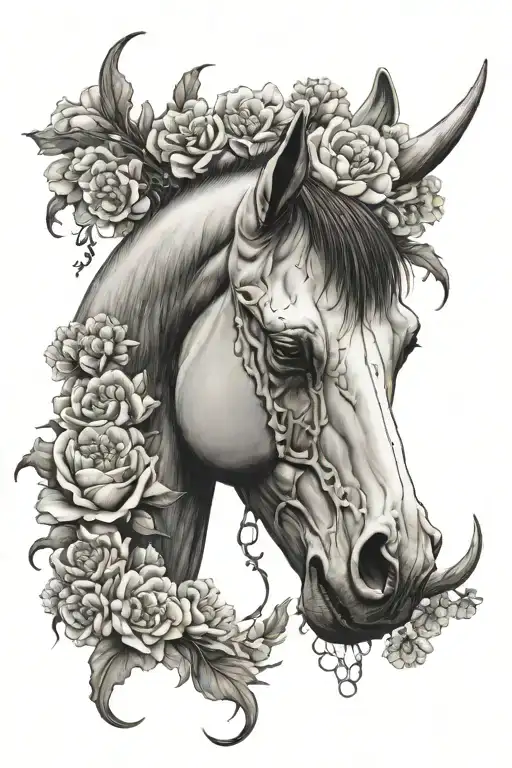 Carnations And Horses Bull Skull