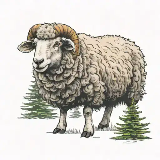 A Sheep Standing In Front Of A Fir Tree