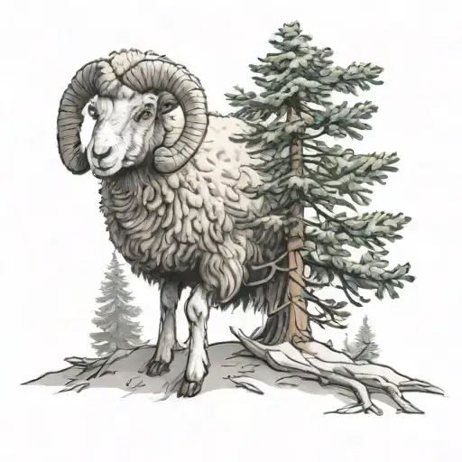 A Little Sheep Standing In Front Of A Big Fir Tree