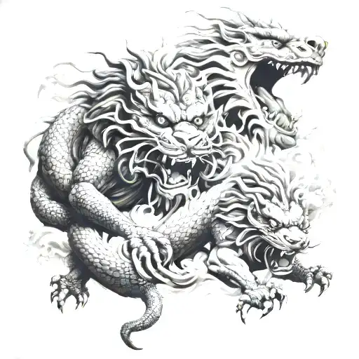 Dragon And Lion Fighting With A Japanese Temple On Background