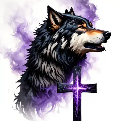 Black-purple Wolf Howling And A Cross Showing In The Mist Of The Howel