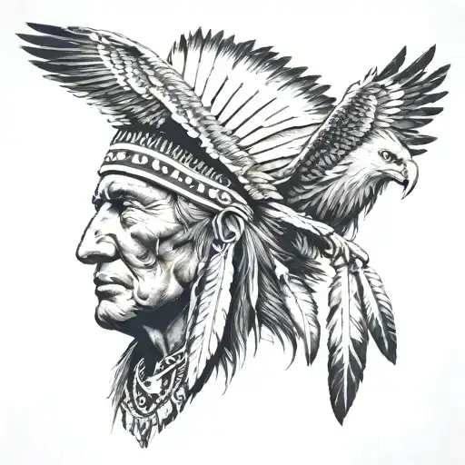 American Indian Head With Eagle Flying In Background