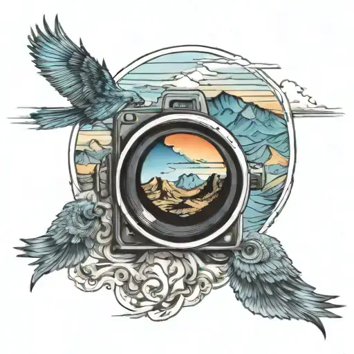 Blue Mountain Range View Through Camera Lens To Texas Sunset Rising Phoenix Bird