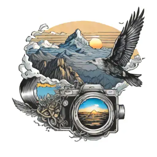 Blue Mountain Range View Through Camera Lens To Texas Bright Sunset Rising Phoenix Bird