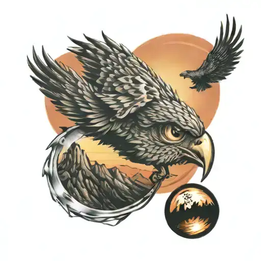 Mountain View Through Simple Camera Lens Rising Phoenix From Fire Bird In Sunset