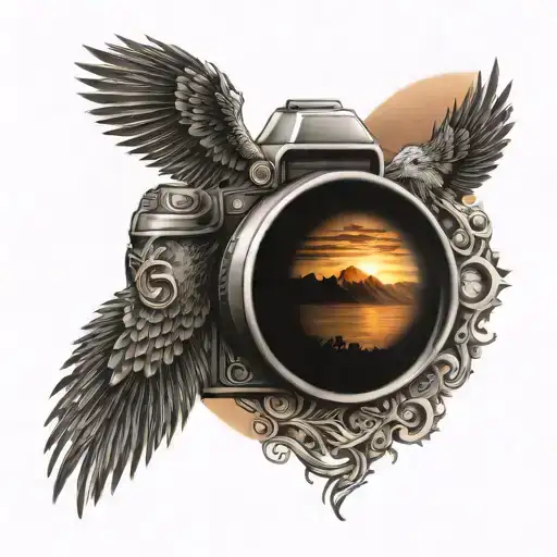 Mountain View Through Camera Lens Rising Phoenix From Fire Bird In Sunset