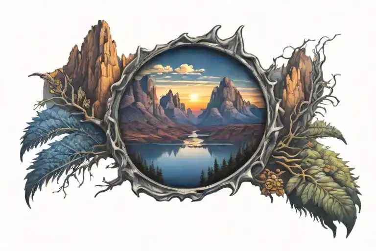 Midnight Blue Mountains Looking Through Lens To Rising Phoenix Bright Sunrise