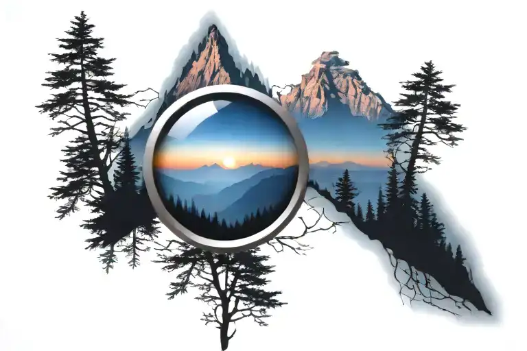 Midnight Blue Mountains With Forest Trees Looking Through Lens To Rising Phoenix Bird Bright Sunrise