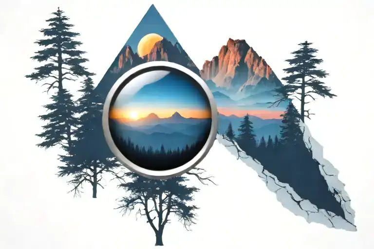 Midnight Blue Mountain With Forest Trees Looking Through Lens To Rising Phoenix Bird Bright Sunrise
