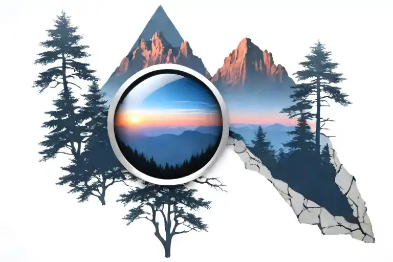 Midnight Blue Mountain With Forest Trees Looking Through Lens To Rising Phoenix Bird Bright Sunrise