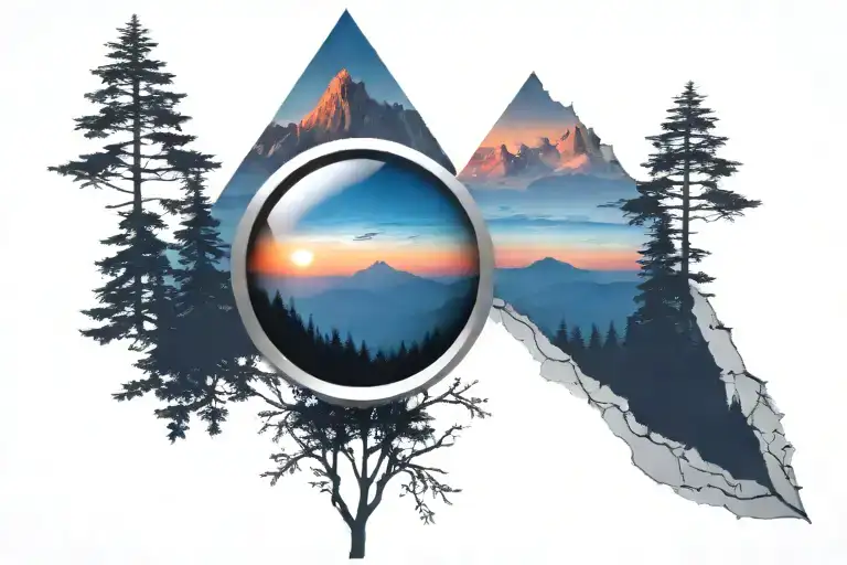 Midnight Blue Mountain With Forest Trees Looking Through Lens To Rising Phoenix Bird In Sunrise