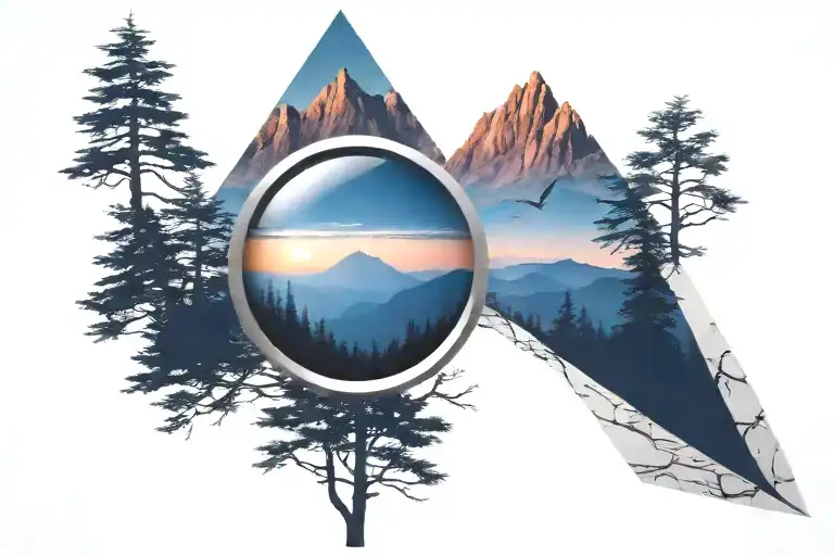 Midnight Blue Mountain With Forest Trees Looking Through Lens To Rising Phoenix Bird