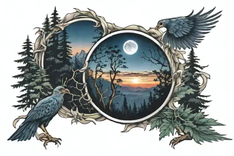 Midnight Blue Mountain With Forest Trees Looking Through Lens With Rising Phoenix Bird From Sunrise