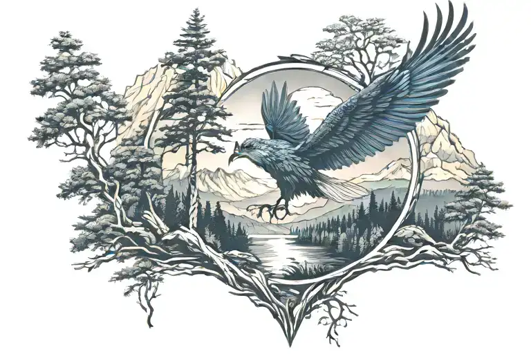 Midnight Blue Mountain With Forest Trees Looking Through Lens With Rising Phoenix Bird From Sunrise