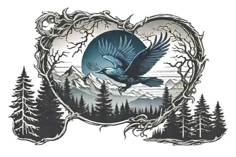 Midnight Blue Mountain With Forest Trees Looking Through Lens With Rising Phoenix Bird From Sunrise