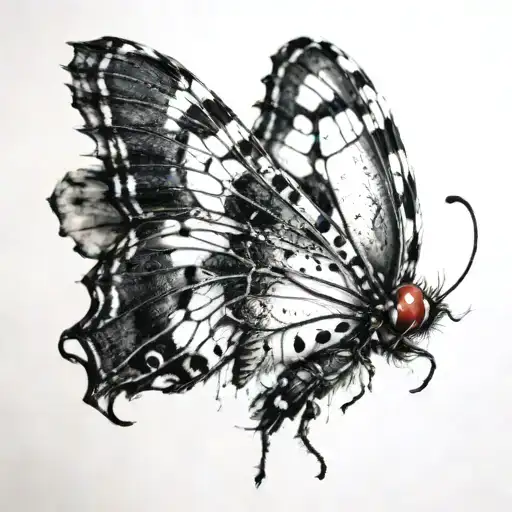 Messy Black And White Caterpillar Transition To Colorful Butterfly