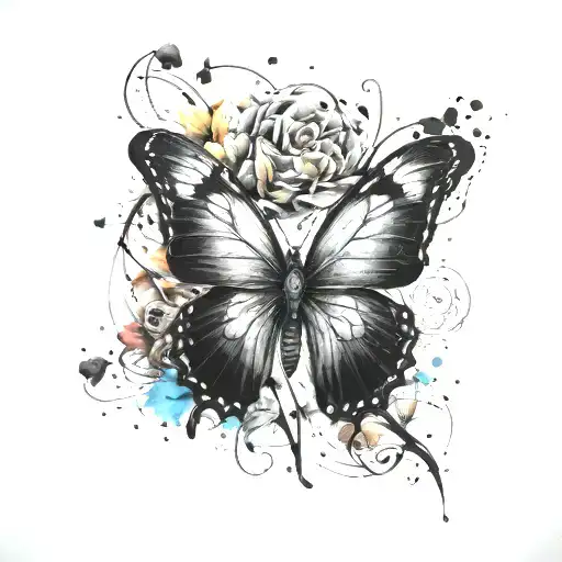 Messy Black And White Heart Transition To Big Colorful Butterfly