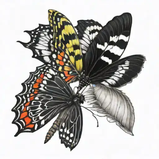 Left Half Is Small Black And White Caterpillar And Right Wing Is Big Colorful Butterfly