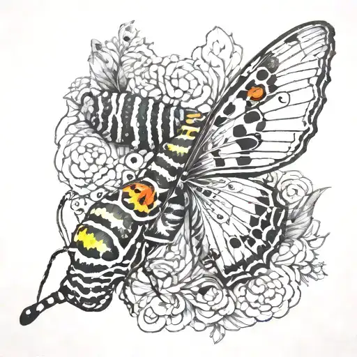 Black And White Caterpillar Cocoon Into Colorful Butterfly