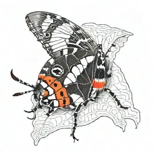 Faded Black And White Caterpillar Cocoon Transitions Into Red Admiral Butterfly Wing