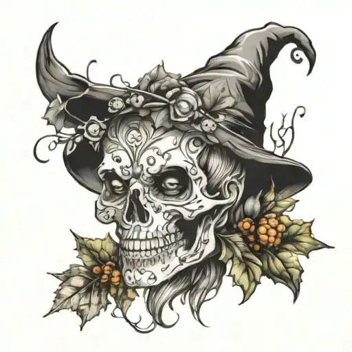 A Festive Tattoo Merging Christmas And Halloween Motifs With A Touch Of Personal Development