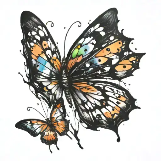Messy Black Broken Heart One Side Colorful Butterfly Wing Spread Other Side