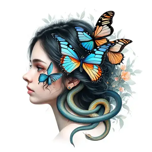 Woman Face Portrait With Butterfly's And Snakes Intertwined