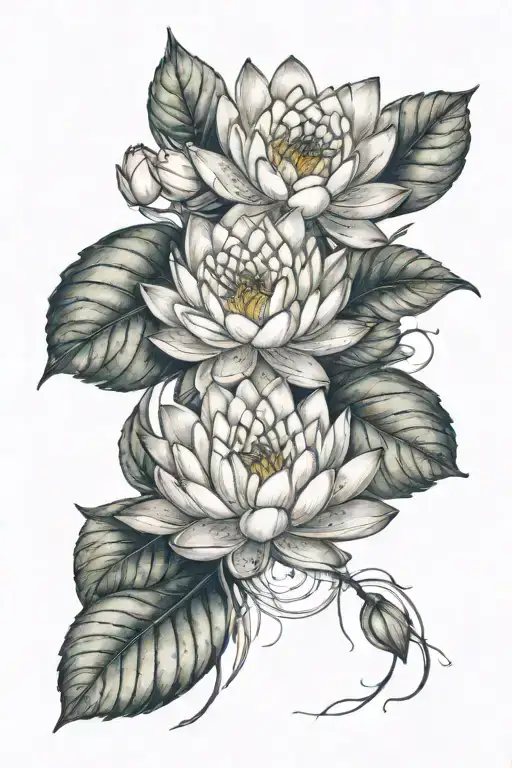 Water Lily Surrounded By Peonies And Leaves