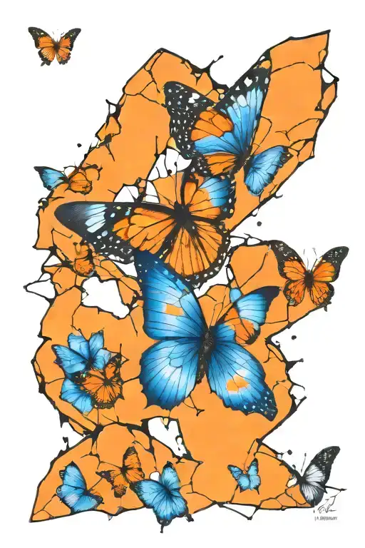 Black And White Shattered Broken Heart With Blue Orange Butterfly Flying Out