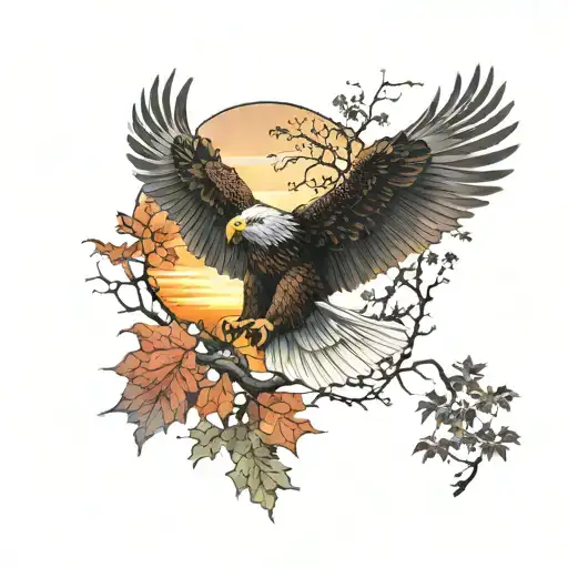 Army Eagle Bright Fall Leaves And Trees Colors Looking Into Distance Sunset In Distance