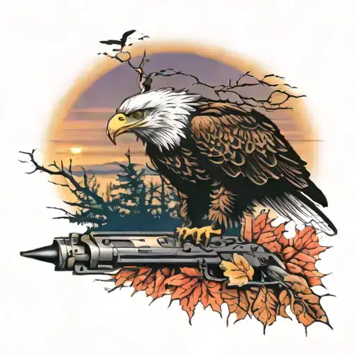 Eagle Bright Fall Leaves And Trees Colors Sunset In Distance Army Gun Salute In Background