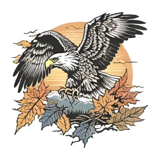 Army Eagle Bright Fall Leaves And Trees Colors Sunset Over Lake In Distance In Background