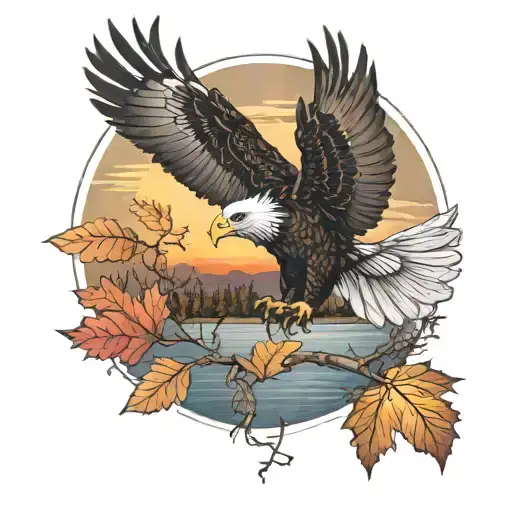 Army Eagle Bright Fall Leaves And Trees Colors Sunset Over Lake In Distance In Background