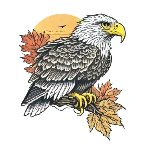 Army Eagle Bright Fall Leaves And Trees Colors Sunset Over Lake In Distance In Background