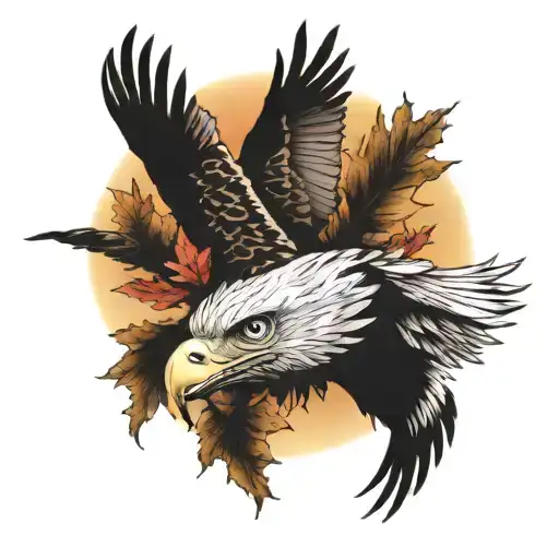 Army Eagle Bright Fall Leaves And Trees Colors Sunset Over Lake In Distance In Background