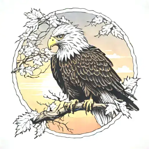 Army Eagle Bright Fall Leaves And Trees Colors Sunset Over Lake In Distance In Background