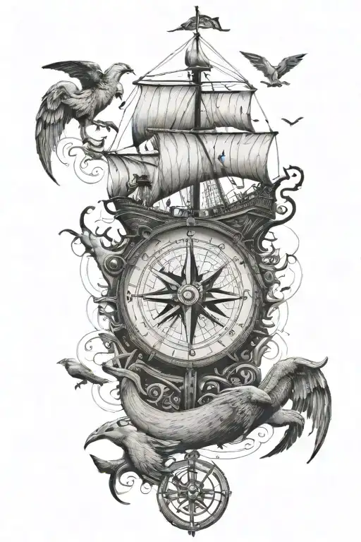 Vertical A Viking Ship With Birds Flying Over It And An Big Old Compass And Big Anchor At The Bottom