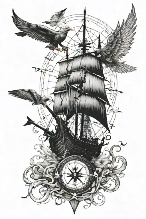Vertical A Viking Ship With Birds Flying Over It And An Old Compass And Anchor At The Bottom