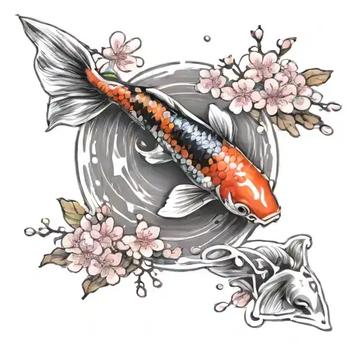 A Realistic Portrait Of A Koi Fish Surrounded By Falling Cherry Blossom Petals In A Japanese Setting