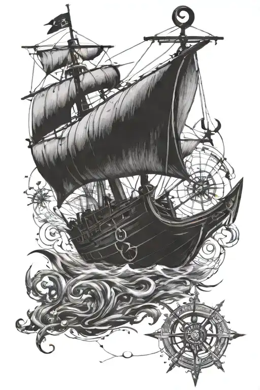 There Is A Viking Ship The Bottom Of The Image There Is An Old Compass And A Large Anchor