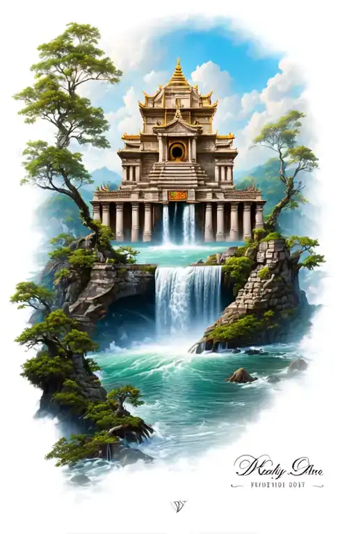Large Temple From Which A Waterfall Flows