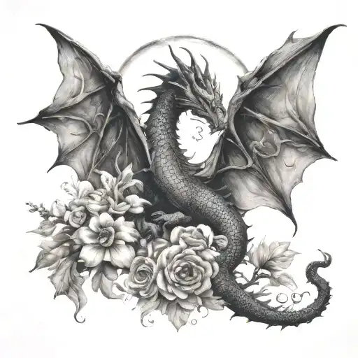 Four Leged Dragon Surronded By Flowers And Half Moon
