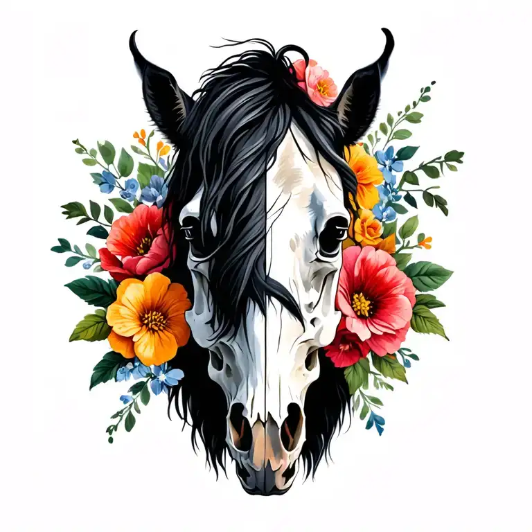 Half Horse Head With Half Horse Skull And Flowers Around It
