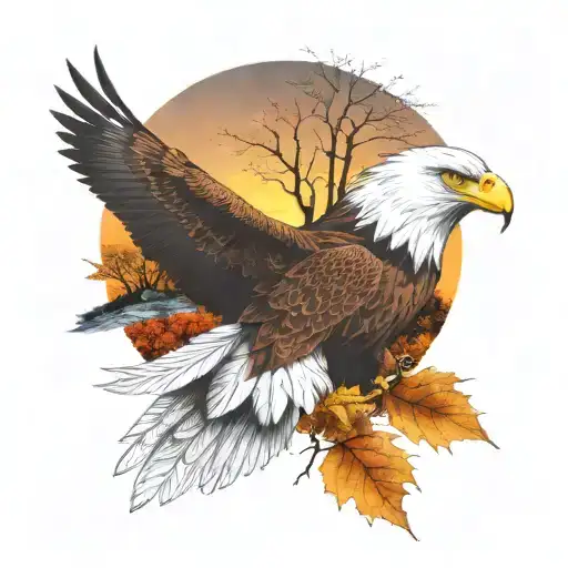 Army Eagle Bright Fall Leaves And Trees Colors Sunset Over Lake In Distance In Background