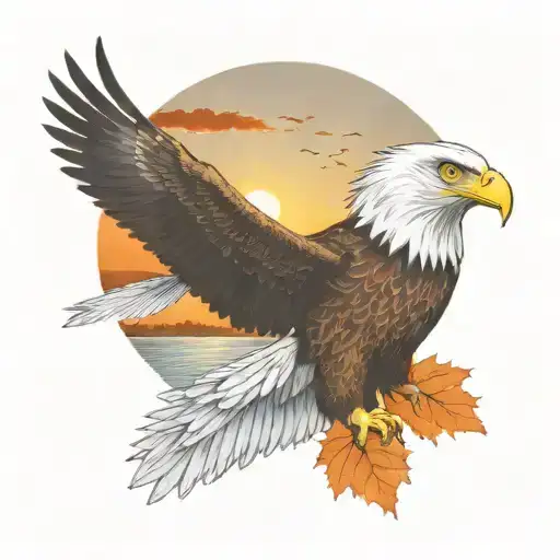Army Eagle Bright Fall Leaves And Trees Colors Sunset Over Lake In Distance In Background