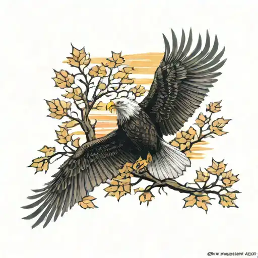 Army Eagle Bright Fall Colored Leaves And Trees Colors Sunset Over Lake In Distance In Background