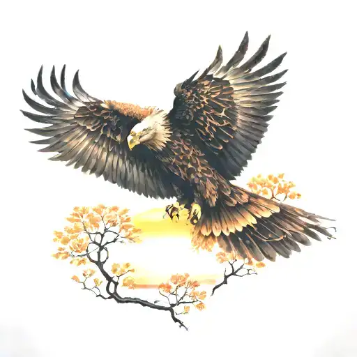 Army Eagle Bright Fall Colored Leaves And Trees Colors Sunset Over Lake In Distance In Background