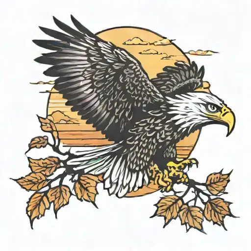 Army Eagle Bright Fall Colored Leaves And Trees Colors Sunset Over Lake In Distance In Background