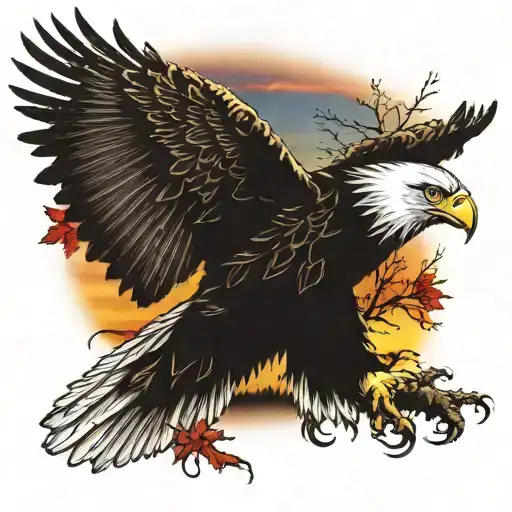 Army Eagle Bright Fall Colored Leaves And Trees Colors Sunset Over Lake In Distance In Background