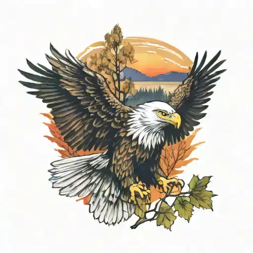 Army Eagle Bright Fall Colored Leaves And Trees Colors Sunset Over Lake In Distance In Background